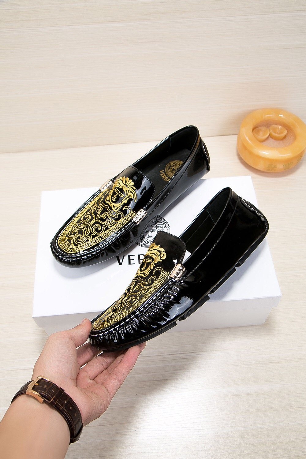 Versace Black Loafers with Gold Embroidery — model