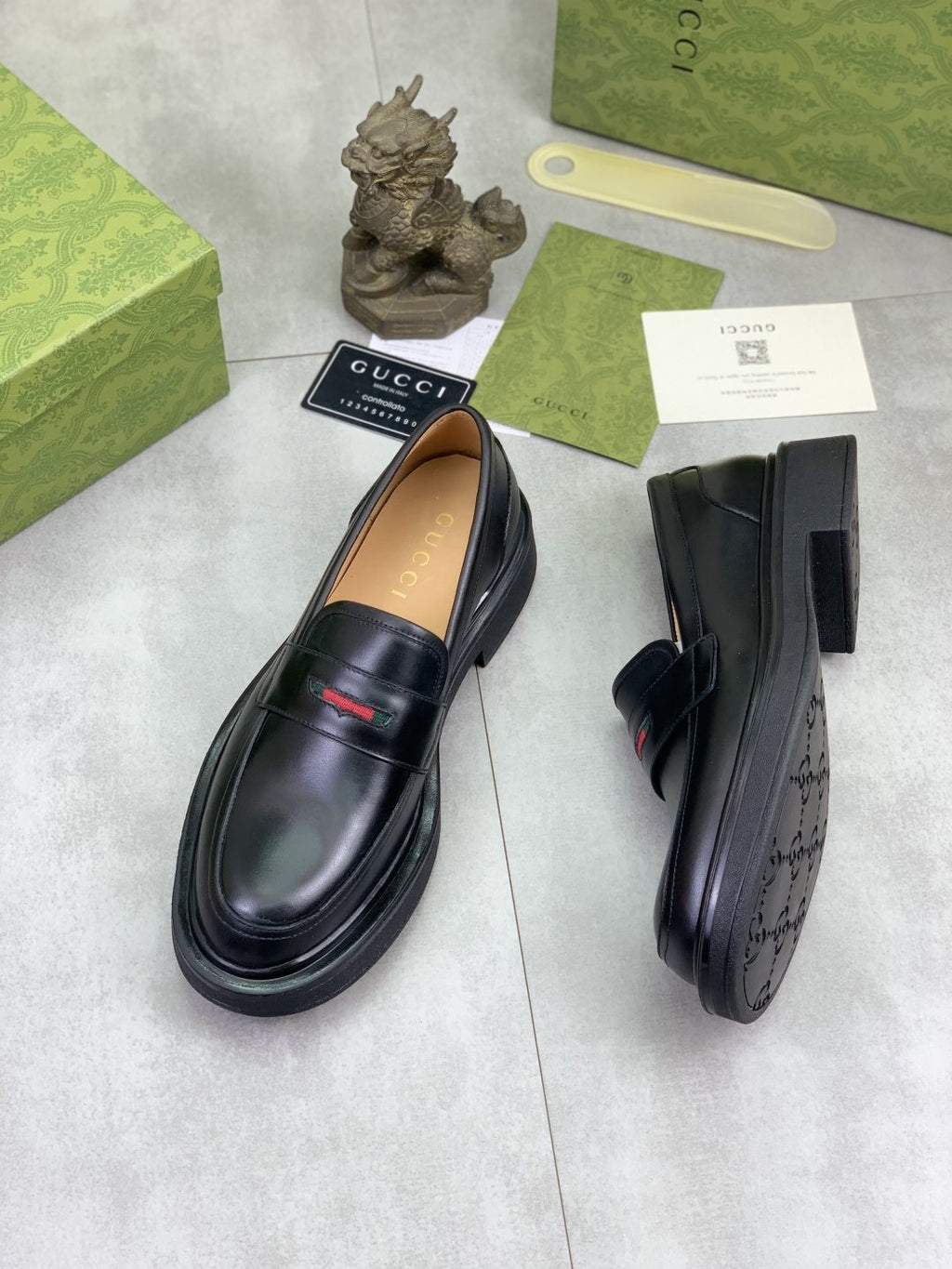 Gucci Black Loafers with Red and Green Accent — front