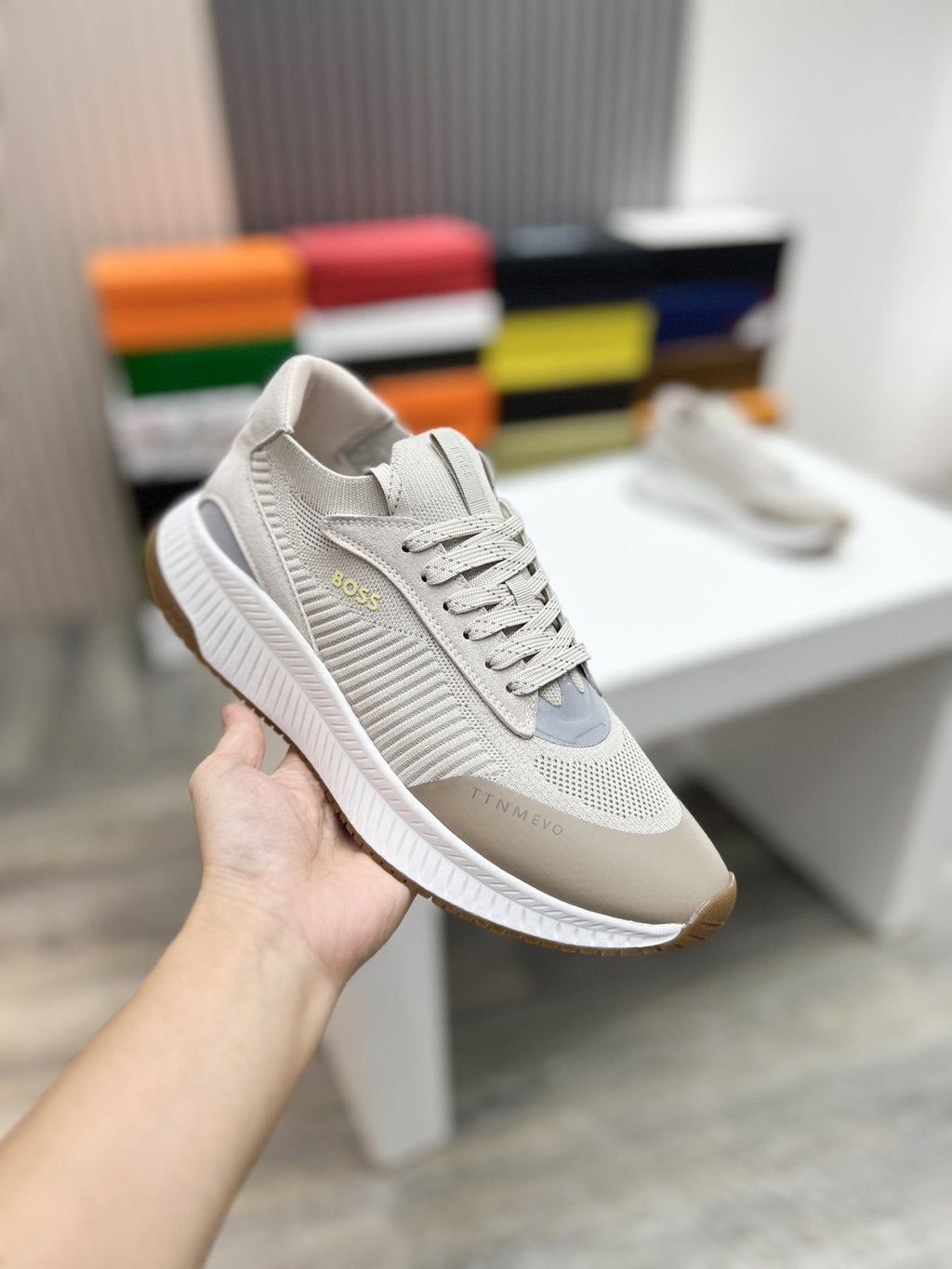 BOSS Men's Knit-Upper Ribbed-Sole Sneakers — model
