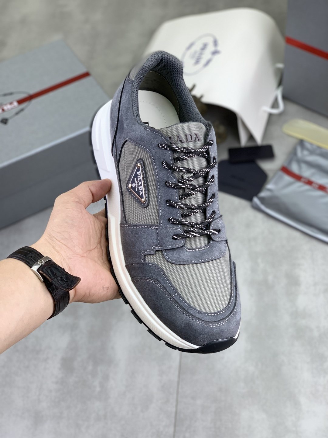 Prada Gray Paneled Men's Sneakers — model
